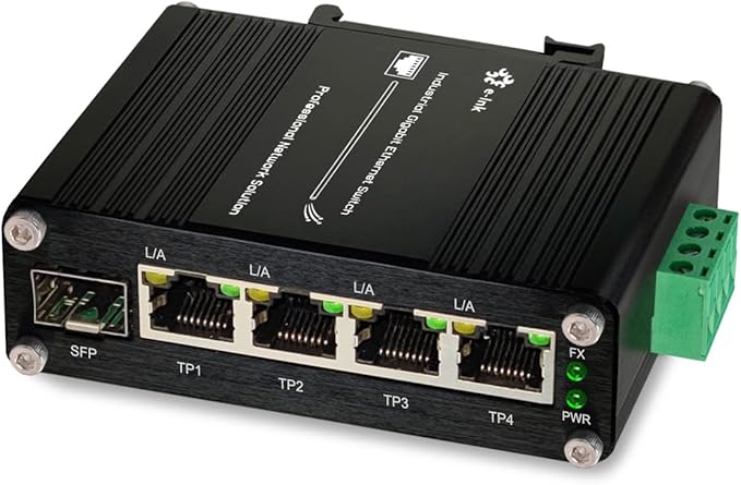 Industrial Gigabit 4-Port Ethernet Switch - Hardened 10/100/1000Mbps Fiber with 100/1000M Adaptive SFP Slot, Din Rail/Wall Mount, Unmanaged Network, 12-48V DC, 5-Port