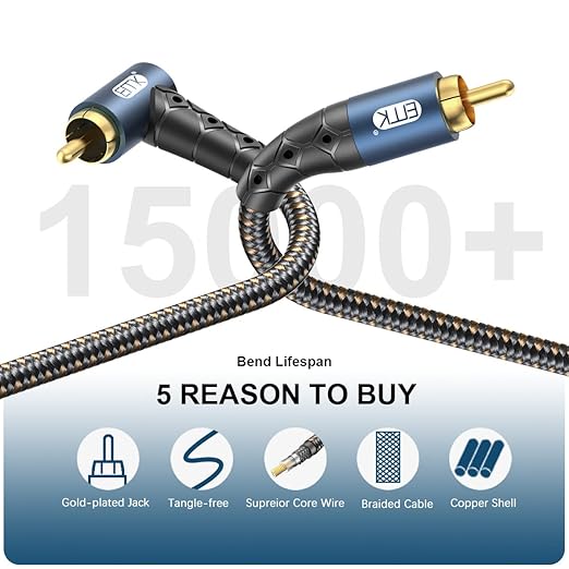 EMK RCA Subwoofer Cable 90 Degree RCA to RCA Audio Cable 24K Gold-Plated Nylon Braided Double Shielded Digital Analogue Supports Amplifiers,Home Theater,Hi-Fi Systems,Subwoofer(15ft/5m)