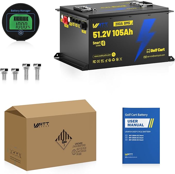 48V(51.2V) 105Ah LiFePO4 Lithium Battery for Golf Cart, Built-in Bluetooth & LCD Display, 200A BMS, Range of 70 Miles 15000+ Deep Cycles LiFePO4 Lithium Batterys