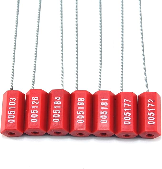 Steel Security Cable Seals Metal Numbered Security Tags Tamper Proof Pull-Tite Container Trailer Seal Ties Straps (Red, Pack of 100pcs)