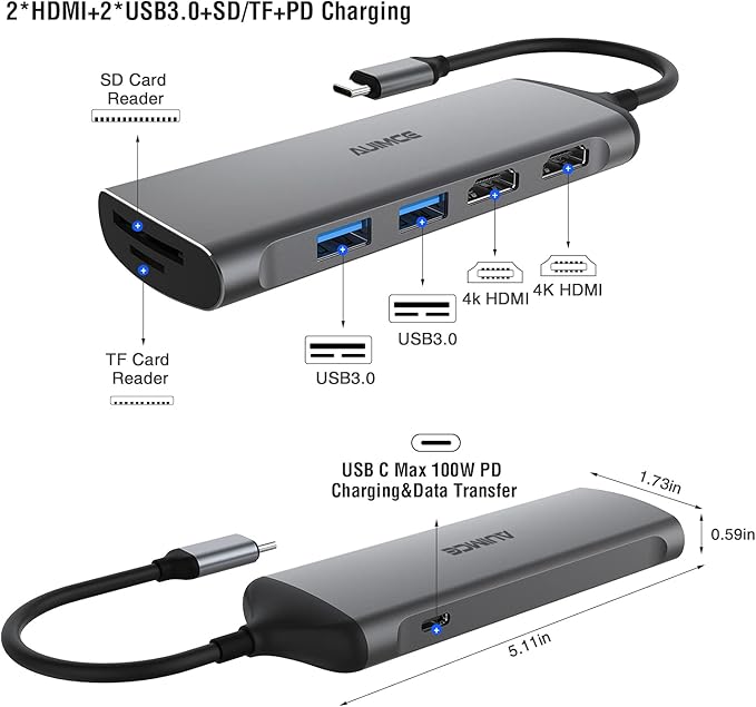 USB C Docking Station Dual Monitor, 7-in-1 Laptop Dock with 2 HDMI,100W PD, USB 3.0, SD/TF Card Reader Ports, Laptop Docking Station for Dell, HP, Lenovo, Surface and More