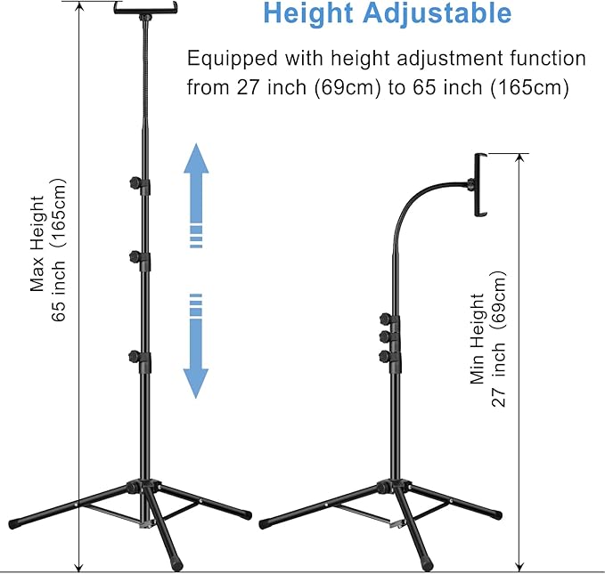 Ipad Tripod Stand, Gooseneck 65" Height Adjustable Floor Stand with 360° Rotating iPad Tripod Mount for iPhone,iPad pro,Kindle and All 4.5-12.9 Inch Tablet and Phone