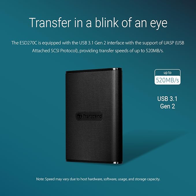 Transcend 250GB External SSD for iPhone/iPad/Mac/Windows/Android, PC/Laptop/Tablet/TV/Game Console, Portable Solid State Drive with One Touch Back up, One-Time Password Unlock, Type-A&Type-C Cables
