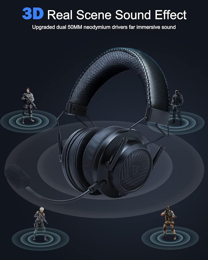 Inwa Headset Wireless with Game, Gaming Headphones with 3D Spatial Audio, 50MM Speaker, Protein Soft Earmuffs, Compatible with PS5/4 PC Phone Switch, Wired Mode for Xbox Series