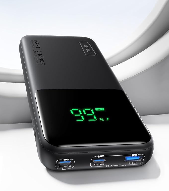 INIU 140W Power Bank, Compact 25000mAh High Capacity Laptop Portable Charger, USB C in&Out Tablet Powerbank, Smart Digital Display Phone Charger for iPhone 16 15, Samsung, iPad, MacBook, Laptop etc.