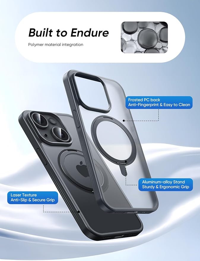 MAGIC JOHN 360° Rotatable Magnetic Invisible Stand for iPhone 14/iPhone 13 Case [Anti-Slip Grip] [Compatible with MagSafe] 16FT Shockof for iPhone 14/13 Case with Kickstand, Black