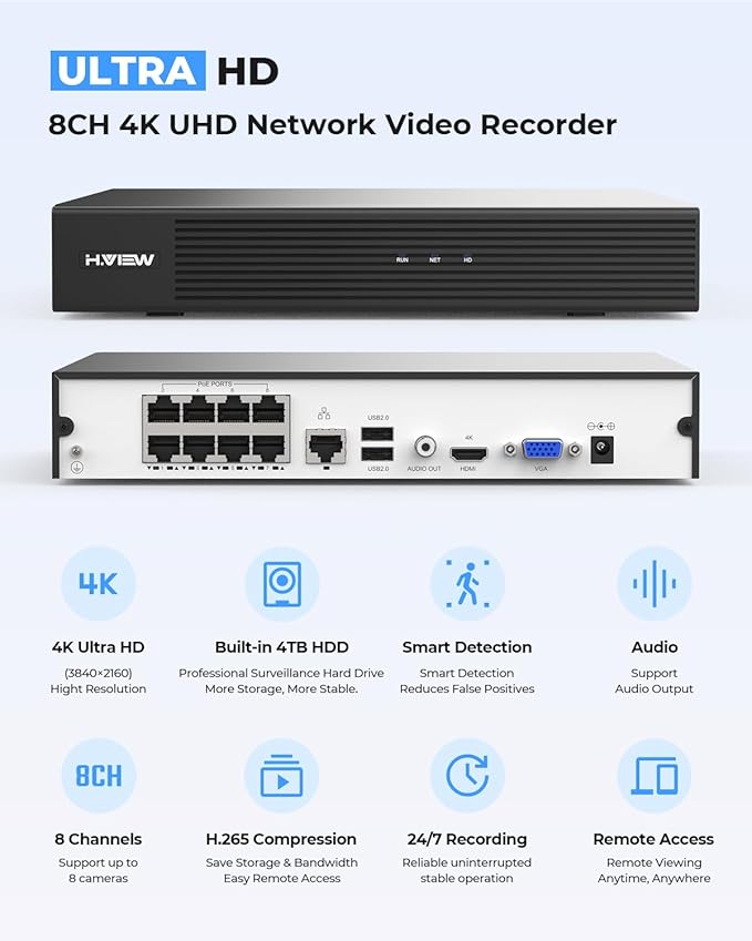 H.VIEW 8CH 4K CCTV Camera Security System, 4TB HDD, 8pcs 8MP Security Camera Outdoor, Trigger Color Night Vision, Two-Way Audio, Human Body Detection, Cameras System for Home Security