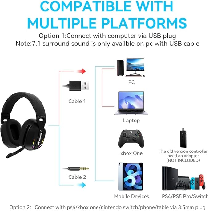 MZYMI 2.4GHz Wireless Gaming Headset for PC, PS5, PS4, Switch - Bluetooth 5.4, 20H Battery, with ENC Noise Canceling Microphone, Cool Lighting, 40mm Drivers,for Wired Mode Xbox Series -Black