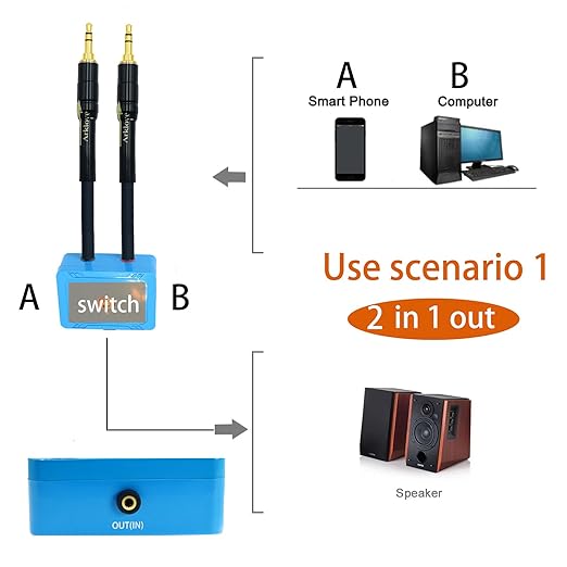 3ft Sound Channel swicher 1/8" aux Input 3.5mm Female to 2X 3.5 Output Switch Selector 2 in 1 Out R/L Stereo Audio 1 in 2 Out Stereo Audio Splitter with Phone pc Player
