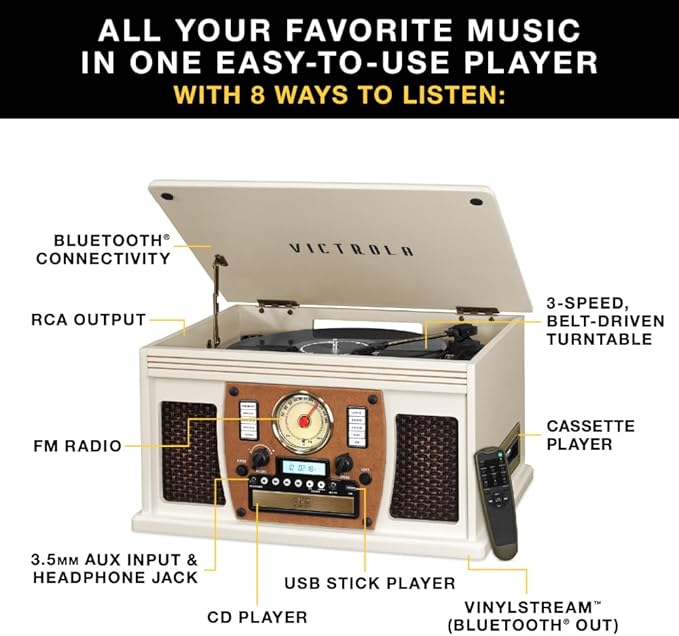 Victrola Navigator 8-in-1 Bluetooth Record Player with Built-in Speakers– 3 Speed Turntable, CD Player, Cassette, FM Radio, USB, RCA Out, Headphone Jack, Wireless Music Streaming, Real Wood (Espresso)
