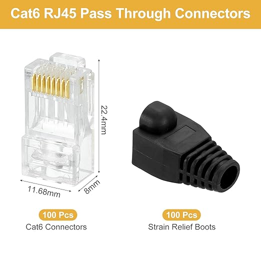 MECCANIXITY 100pcs Cat6 RJ45 Pass Through Connectors, RJ45 Connector 8P8C Gold Plated Plugs with 100pcs Black Strain Relief Boots for Solid or Stranded UTP Ethernet Cable, 1.1mm