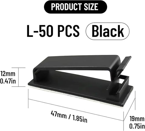 Adhesive Cable Clips Holder, Outdoor Light Clips, Black Cord Wire Clips, Sturdy Nylon Cord Wall Finisher Wire Clamp for Home, Car, Office Desk Wire Management (Black, L-50 PCS)