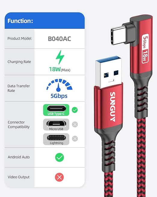 SUNGUY USB C Cable Right Angle 10FT, 5Gbps USB 3.0 to USB C Data Cable Compatible with iPhone 16/15 Series, Android Auto, Samsung Galaxy S24/S23, SSD, Huawei P30/P20, i-Pad Pro-Red