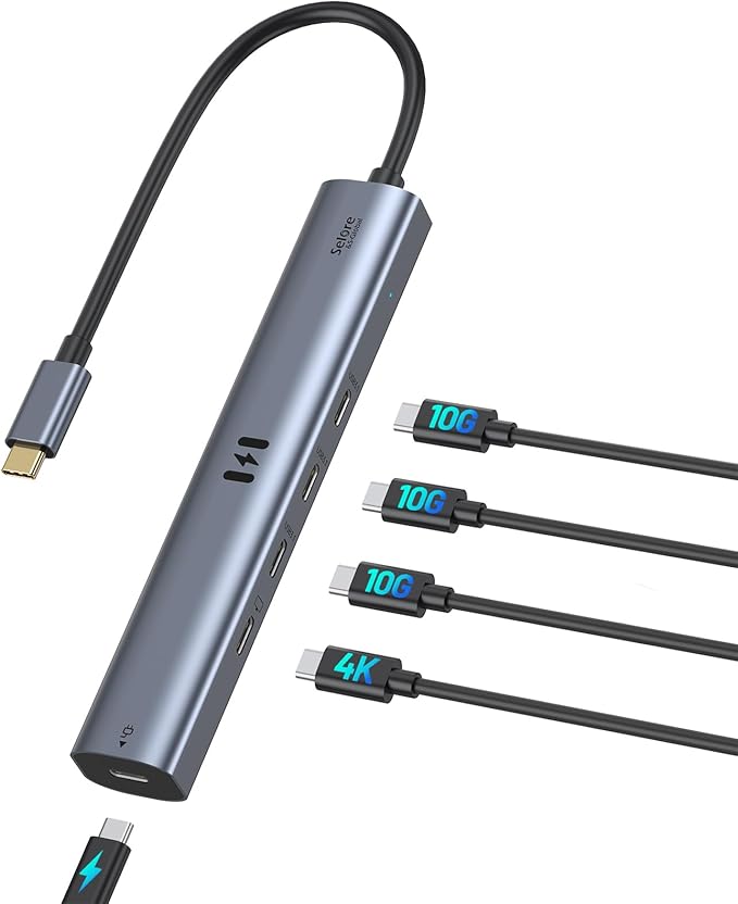 10Gbps USB C Hub with 4K@60Hz Video Display, Selore 5 Ports USB C Splitter, C Port Data Transfer, 100W PD-in Charging, Dongle Multiport Adapter for MacBook Pro, iPad, Dell, HP, and More