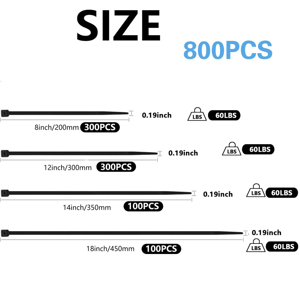 MasiStranth 800 PCS Black Zip Ties Assorted Sizes 8+12+14+18 Inch Self-locking Nylon Cable ties Heavy Duty Outdoor, UV Resistant Wire Straps for Home Office Garden Workshop Indoor Outdoor Fence