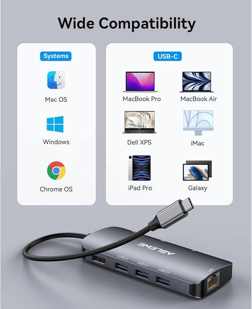ABLEWE USB C Hub Ethernet 8-in-1, Multiport USB C to HDMI Hub, 4K@60Hz,1000Mbps, 100W PD, 3 USB 3.0 Ports, Docking Station Compatible with MacBook Pro/Air, Tablet, Phone, Type C Devices