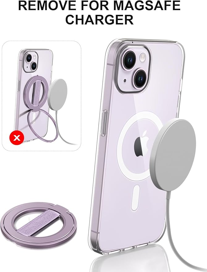 EWA MagOne Ultra Phone Grip Stand with Replaceable Elastic Finger Loop, Removable Magnetic Ring Holder Kickstand Loop, Accessories for iPhone 16, 15, 14, 13 Pro/Max/Plus (Purple)