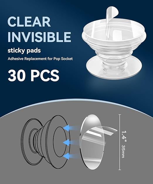 30 Pack Super Sticky Adhesive, Clear Invisible Adhesive Replacement for Pop Socket Base, 1.4 Inch Non-Damaging Double Sided Tapes for Phone Collapsible Grip & Stand Back