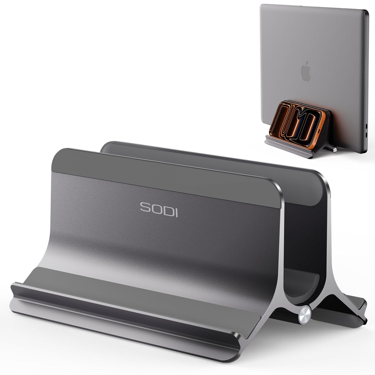 SODI Vertical Laptop Stand for Desk, Gravity Auto Lock MacBook Stand, Aluminum Laptop Holder Vertical Compatible with MacBook Pro, Air, Tablet, Space-Saving Organize Work & Home Office, Gray