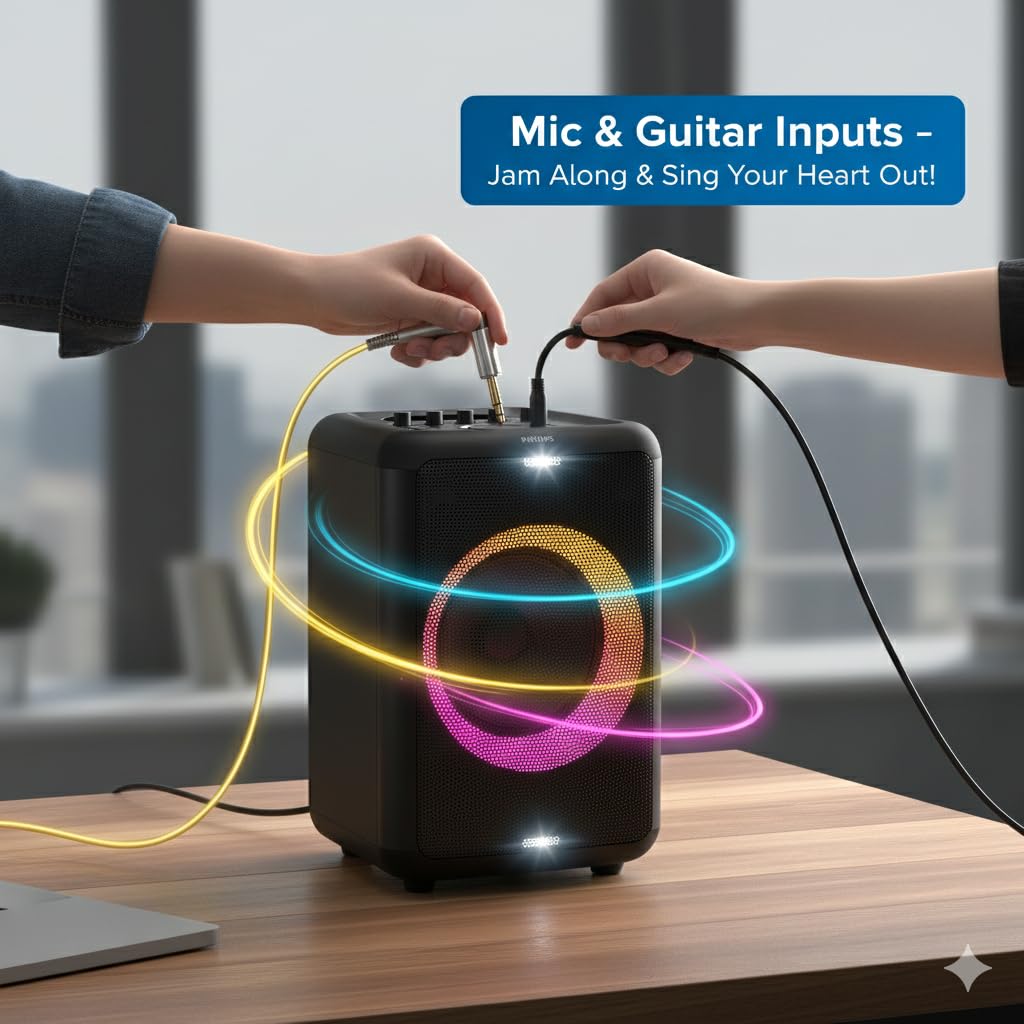 Philips X3206 Bluetooth Party Speaker - 14 Hours Play Time, Deep Bass, Party Lights, Karaoke Effects, Mic & Guitar Input, 80W Max Power, Black