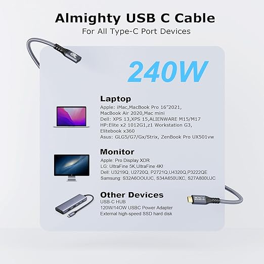 CABLEDECONN USB C 3.2 Gen-2 Extension Cable 0.5M 1.6FT Thunderbolt 3 240W Fast Charging Cable Male to Female Data Transfer 20Gbps 48V/5A Type-C Cable 4K Video Output Compatible with MacBook