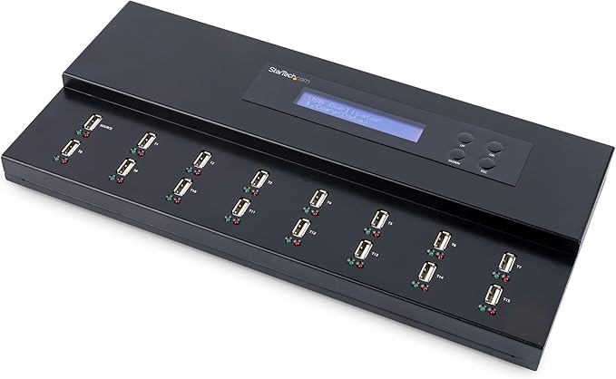 StarTech.com Standalone 1 to 15 USB Flash Drive Duplicator/Cloner/Eraser, Multiple USB Thumb Drive Copier / Sanitizer, System File / Sector-by-Sector Copy, 1.5 GB/min, 3-Pass Erase, LCD, TAA
