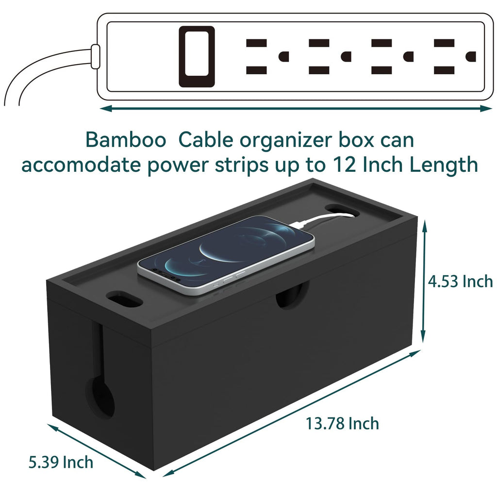 Bamboo Cable Management Box, Large Cord Organizer Box Cable Box to Hide Wires & Power Strips for Desktop Storage Cord Holder for Office Home,No Assembley Required (All Black, 1Medium)