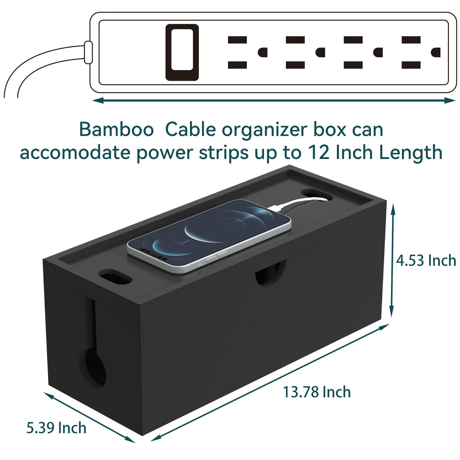 Bamboo Cable Management Box, Large Cord Organizer Box Cable Box to Hide Wires & Power Strips for Desktop Storage Cord Holder for Office Home,No Assembley Required (All Black, 1Medium)