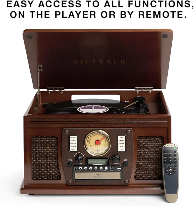 Victrola Navigator 8-in-1 Bluetooth Record Player with Built-in Speakers– 3 Speed Turntable, CD Player, Cassette, FM Radio, USB, RCA Out, Headphone Jack, Wireless Music Streaming, Real Wood (Mahogany)
