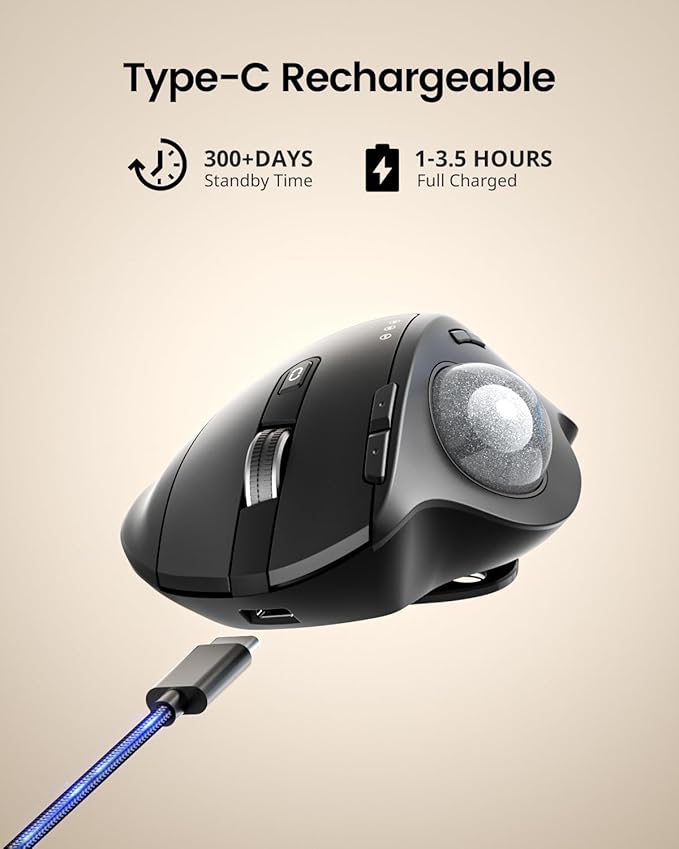 ProtoArc Wireless Trackball Mouse, EM01 NL Ergonomic Bluetooth Rollerball Thumb Rechargeable Computer Laptop Mouse, Adjustable Angle & 3 Device Connection for PC, Mac, Windows-Silver Ball