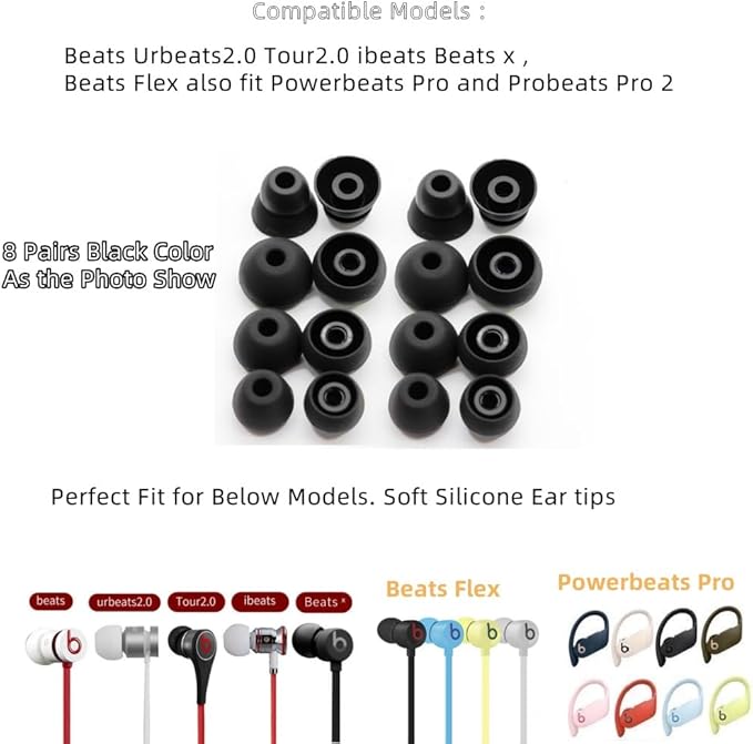 Replacement Ear Tips for Beats Urbeats2.0 Tour2.0 ibeats Beats x, Beats Flex Secure Fit for Powerbeats Pro Silicone Earbuds Washable Sweat-Resistant Noise Isolation 8 Pairs (Black)