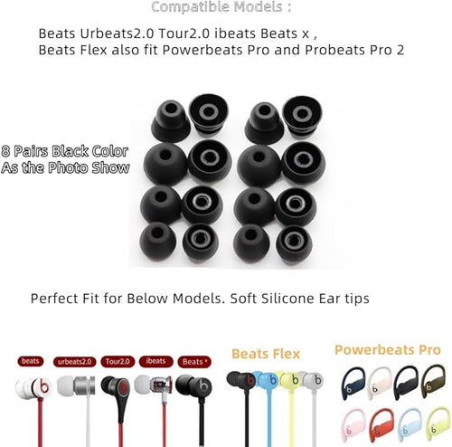 Aginkgo Replacement Ear Tips for Beats Urbeats2.0 Tour2.0 ibeats Beats x, Beats Flex Secure Fit for Powerbeats Pro Silicone Earbuds Washable Sweat-Resistant Noise Isolation 8 Pairs (Black)