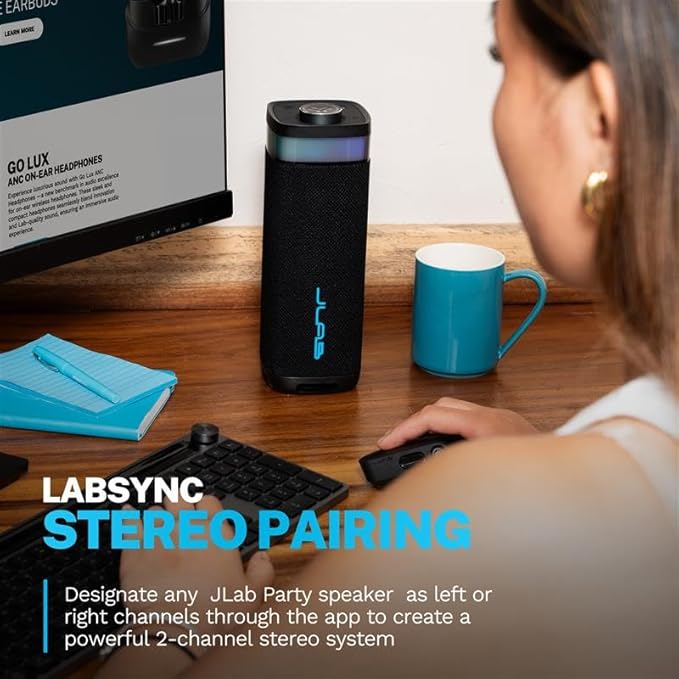 JLab JBuds Party Portable Bluetooth Speaker, 2 Full-Range Drivers + 2 Passive Woofers, IP56 Waterproof, 12 Hours Playtime, Connect Multiple Speakers, Custom Sound + RGB Lighting via App, Black