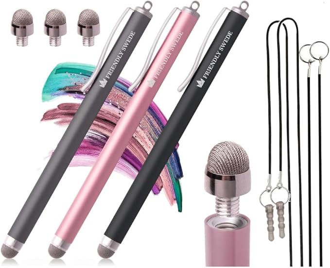 The Friendly Swede Mesh Tip Stylus Pen for Touchscreen — 3-Pack Micro-Knit Capacitive Stylus Pen for iPad & iPhone with 3 Replaceable Fiber Tips, Elastic Lanyards & Screen Cleaning Cloth