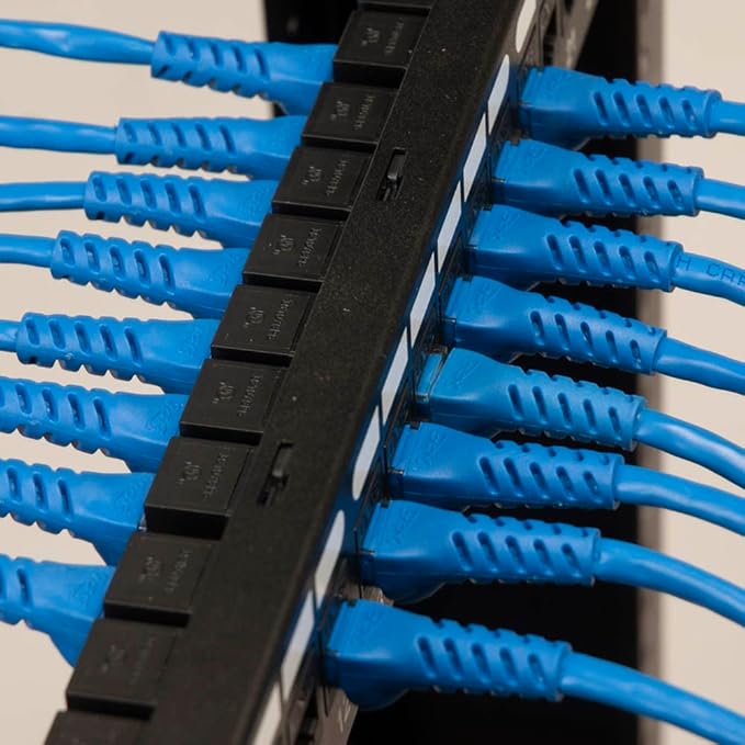 ICC CAT5e Feed-Through Patch Panel, 48 Port, 2U Rackmount, RJ45 Ethernet Patch Panel, No Punch Down, PoE++ and TAA Compliant, Black