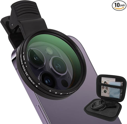 52MM Clip-on Variable ND2-32(1-5 Stops) Phone Lens Filter Kit, Ultra Slim Multi-Coated Adjustable Neutral Density Filter, Compatible for iPhone 16 15 14 13, Google Pixel and Other Smart Phones