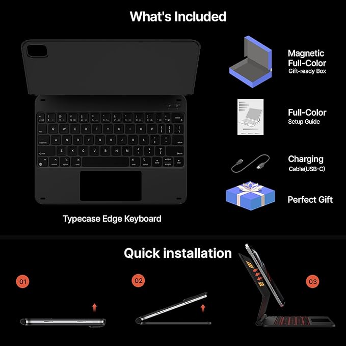 typecase Edge Keyboard Case for iPad Pro 11-inch(M4)2024,Magic Keyboard with 11 Colors Backlight for iPad Pro 11,Keyboard Case with Pencil Holder,Built-in Trackpad,Easy-Set Magnetic Stand,Carbon Fiber
