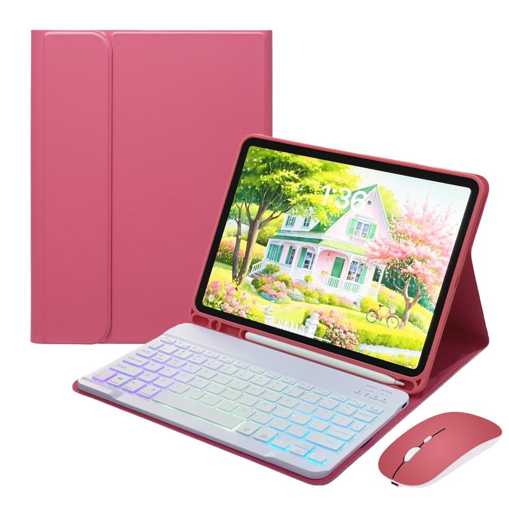Disonbeir for iPad mini 5th Generation/iPad mini 4 Keyboard Case with Mouse and Rainbow Backlit Detachable Bluetooth Keyboard Cover,DarkPink
