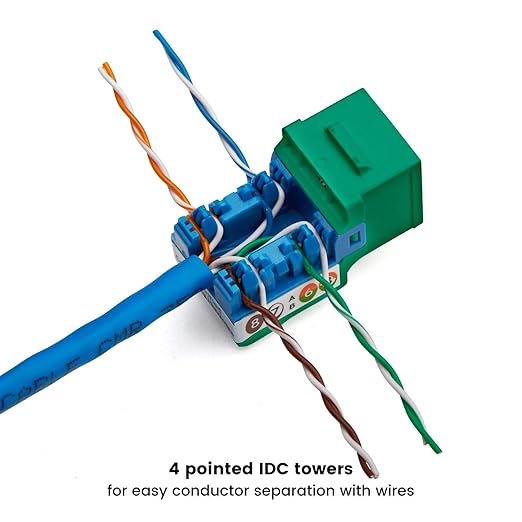 trueCABLE Cat5e Keystone Jack, Unshielded (UTP), 90 Degree Punch-Down, PoE++ (4PPoE) 100W, UL Listed, ETL Verified, ANSI/TIA Certified, Modular RJ45 Female, Green, 24 Pack