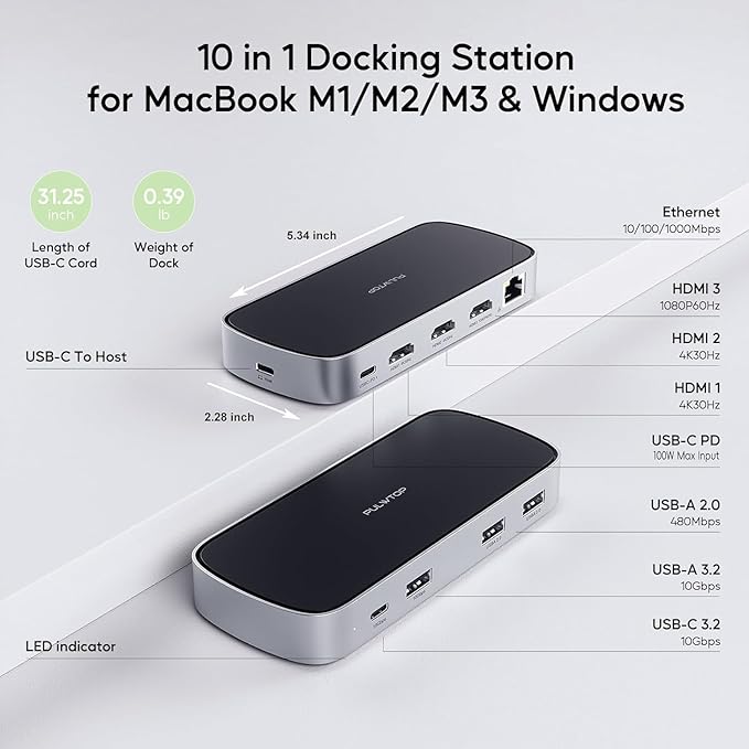3 HDMI Triple USB C Docking Station, PULWTOP Laptop Docking Station Dual 4K Display for MacBook M1/M2/M3/Windows, Universal USB C Dock with Power Adapter, PD, 10Gbps USBC/A Data,2 USB-A 2.0, Ethernet