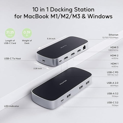 3 HDMI Triple USB C Docking Station Dual 4K Display for MacBook M1-M5 & Win