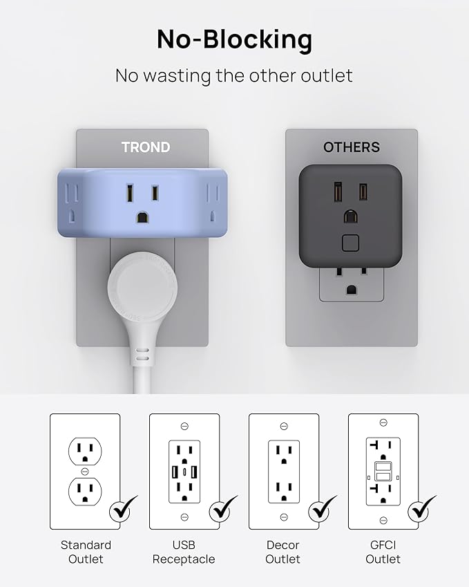 TROND Outlet Extender, 3 Way Angled Wall Plug Splitter, 3-Prong Grounded Outlet Adapter, Cruise Essentials, Compact and Practical Plug Expander for Home Decoration Travel Essentials, Blue
