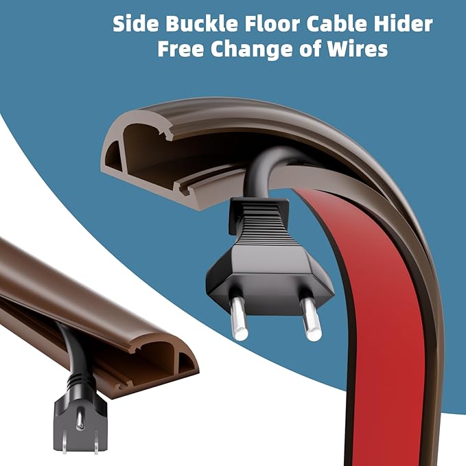 6ft Side Buckle Floor Cord Cover for Wires, Selfadhesive Extension Cord Hider Easy Floor Cable Management Prevent Cable Trips,Silicone Floor Wire Covers for Cords, Cable Protector Cord Cavity（Brown）