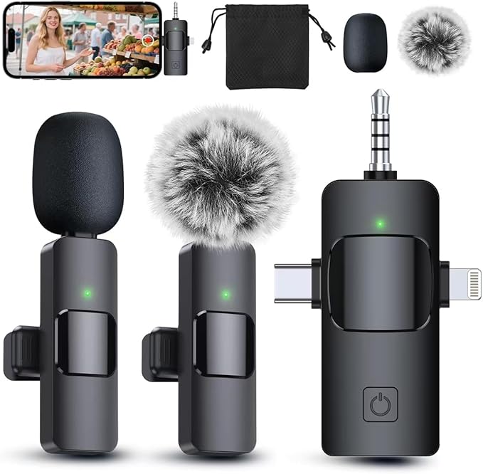 PQRQP 3 in 1 Professional Wireless Lavalier Microphone for iPhone, Android, Camera, Wireless Microphones, Mini Microphone, Crystal Clear Sound Quality for Recording, Live Streaming, YouTube, TikTok