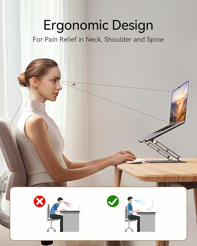 Foldable Aluminum Laptop Stand for 10-17.3" Laptops, Height Adjustable Portable Ergonomic Computer Holder, Space Saving Desk with Heat Dissipation. Compatible with MacBook/Dell/HP etc, Black