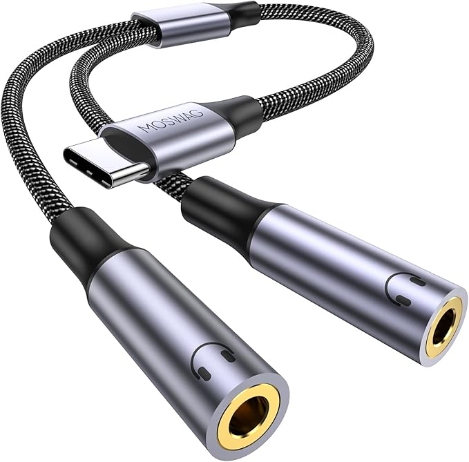 MOSWAG USB C to Dual 3.5mm Female Headphone Splitter,Type C to Dual 3.5mm Female Headphone Adapter Compatible with Pixel 7 6, Galaxy S23 iPhone 15 Pro Max/Pro/Plus