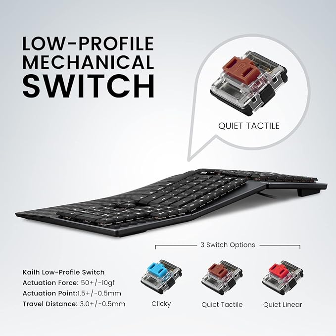 Perixx PERIBOARD-535BR Wired Ergonomic Mechanical Split Keyboard - Low-Profile Brown Tactile Switches - Programmable Feature with Macro Keys - Compatible with Windows and Mac OS X - US English, Black