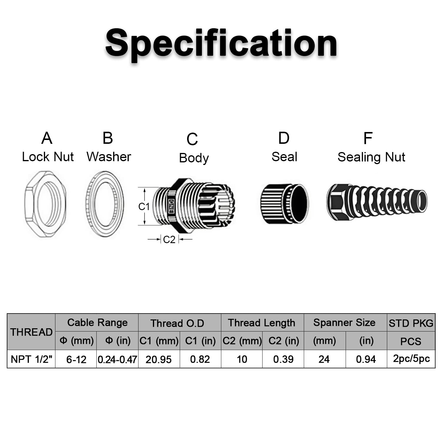 LeMotech 5Pcs NPT 1/2" IP68 Waterproof Cable Gland Flex Spiral Strain Relief Black Nylon Joint with Gaskets for 6-12mm Wire Thread