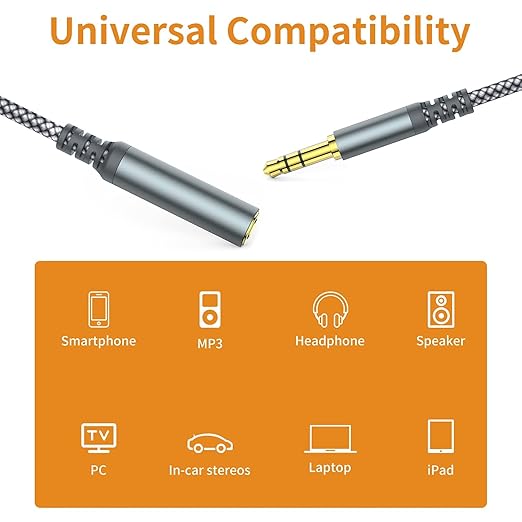 MCSPER Headphone Extension Cable, [2-Pack, 10ft Hi-Fi ] 3.5mm Extension AudioMale to Female Aux Adapter Hi-Fi Sound Stereo Extender Cord for Headset, iPhone, iPad, Smartphones, Tablets & More (Grey)