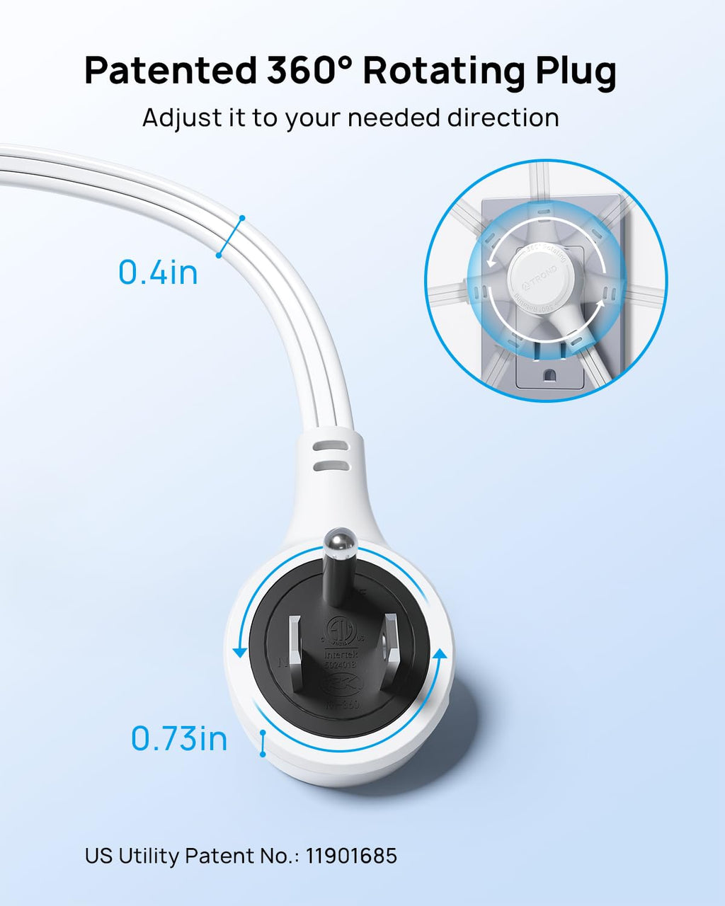 TROND 360 Rotating Flat Plug Extension Cord 10ft, 3 AC, ETL Listed, White